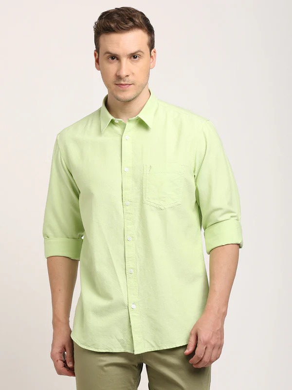 Indian Terrain Men's Regular Fit Full Sleeve Solid Green Shirt
